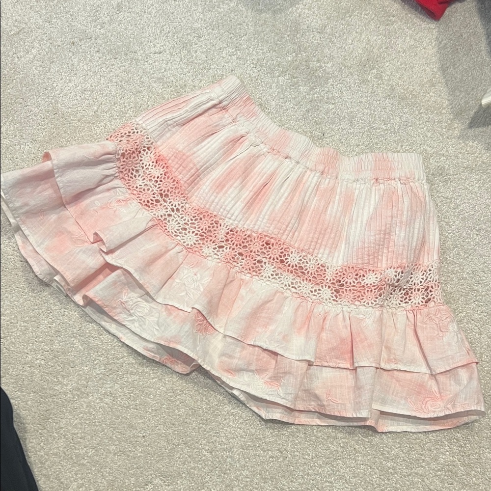 LoveShackFancy Pink and White Ruffled Mini Skirt